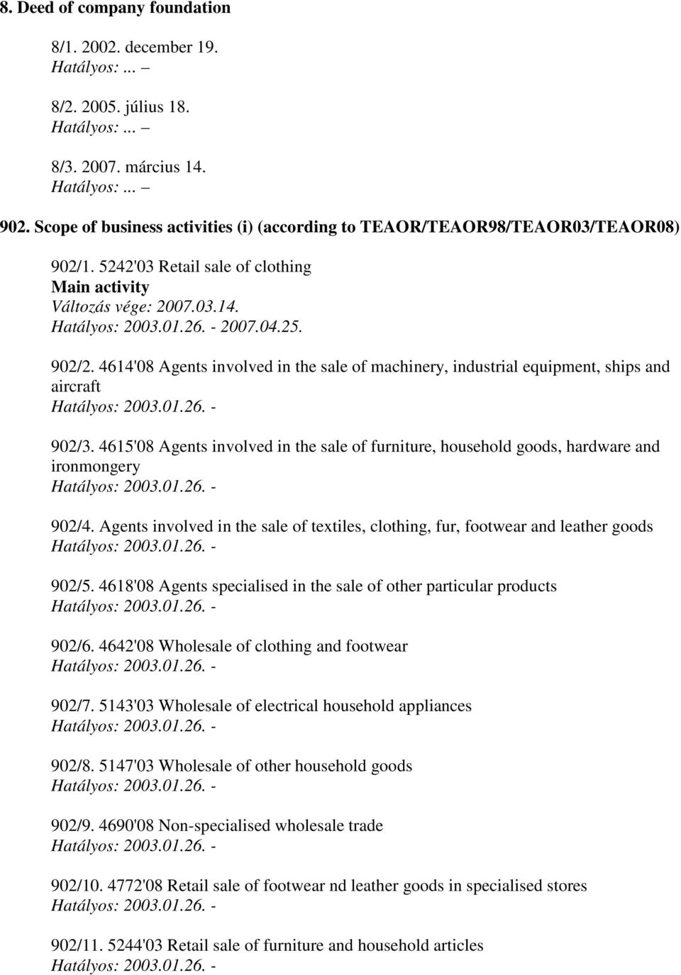 4614'08 Agents involved in the sale of machinery, industrial equipment, ships and aircraft 902/3. 4615'08 Agents involved in the sale of furniture, household goods, hardware and ironmongery 902/4.