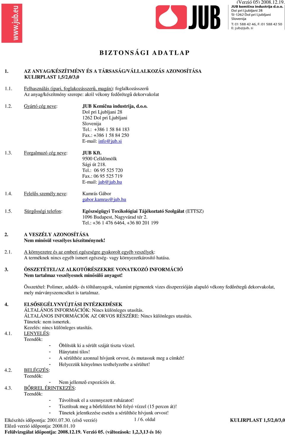 9500 Celldömölk Sági út 218. Tel.: 06 95 525 720 Fax.: 06 95 525 719 E-mail: jub@jub.hu 1.4. Felelıs személy neve: Kamrás Gábor gabor.kamras@jub.hu 1.5. Sürgısségi telefon: Egészségügyi Toxikológiai Tájékoztató Szolgálat (ETTSZ) 1096 Budapest, Nagyvárad tér 2.