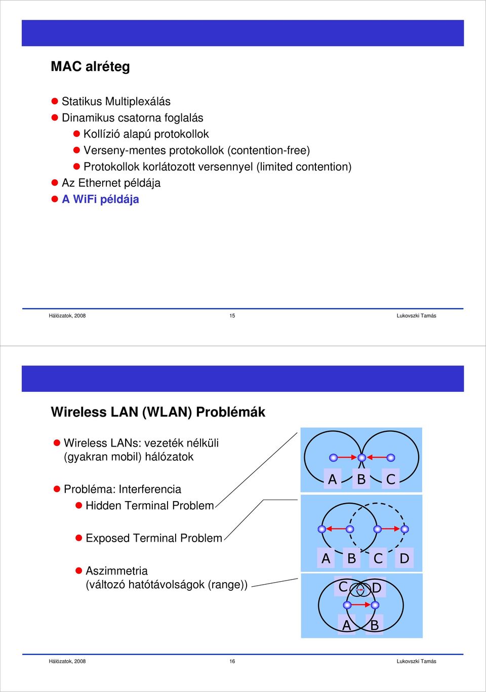 példája 15 Wireless LAN (WLAN) Problémák Wireless LANs: vezeték nélküli (gyakran mobil) hálózatok Probléma: