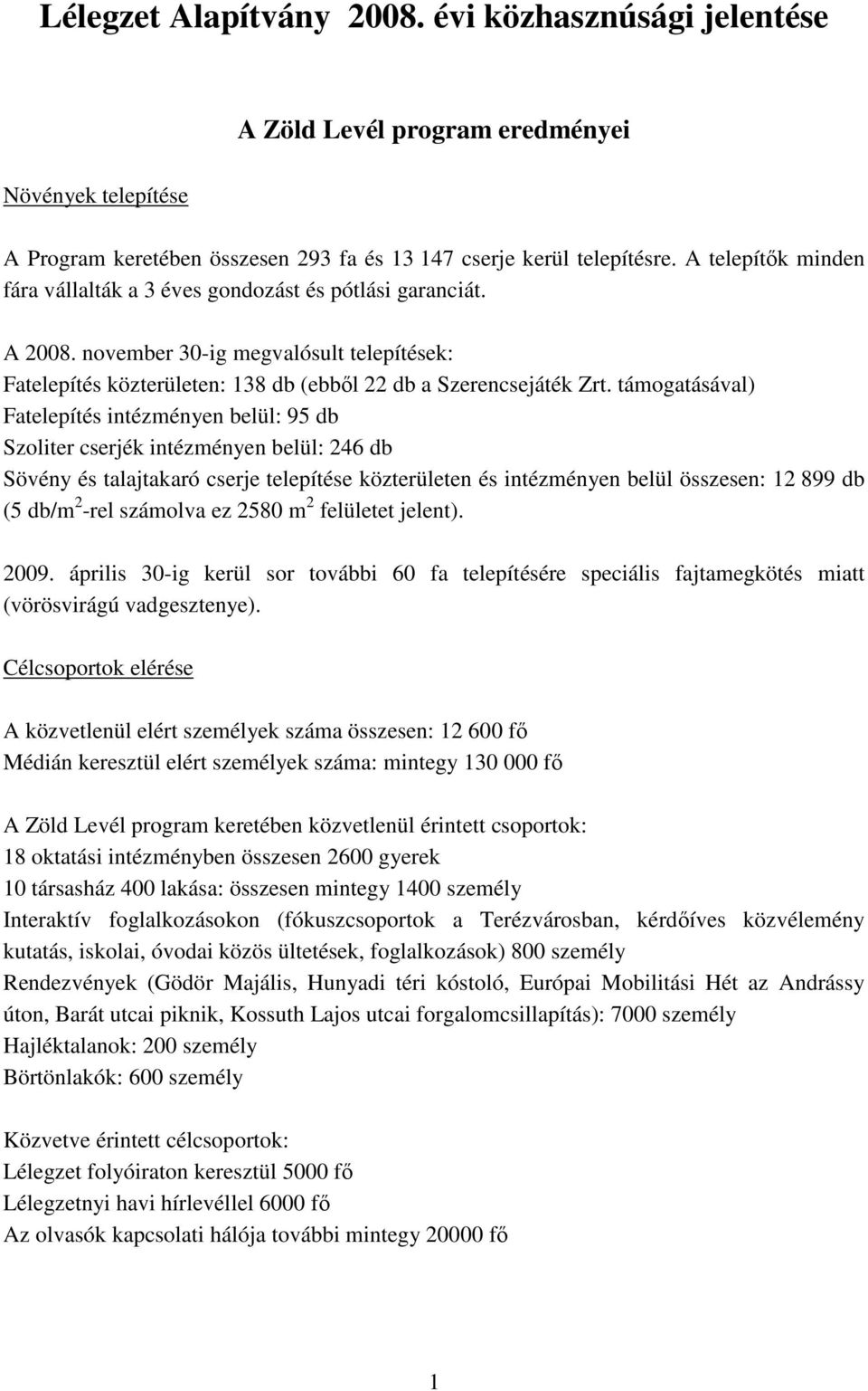 támogatásával) Fatelepítés intézményen belül: 95 db Szoliter cserjék intézményen belül: 246 db Sövény és talajtakaró cserje telepítése közterületen és intézményen belül összesen: 12 899 db (5 db/m 2