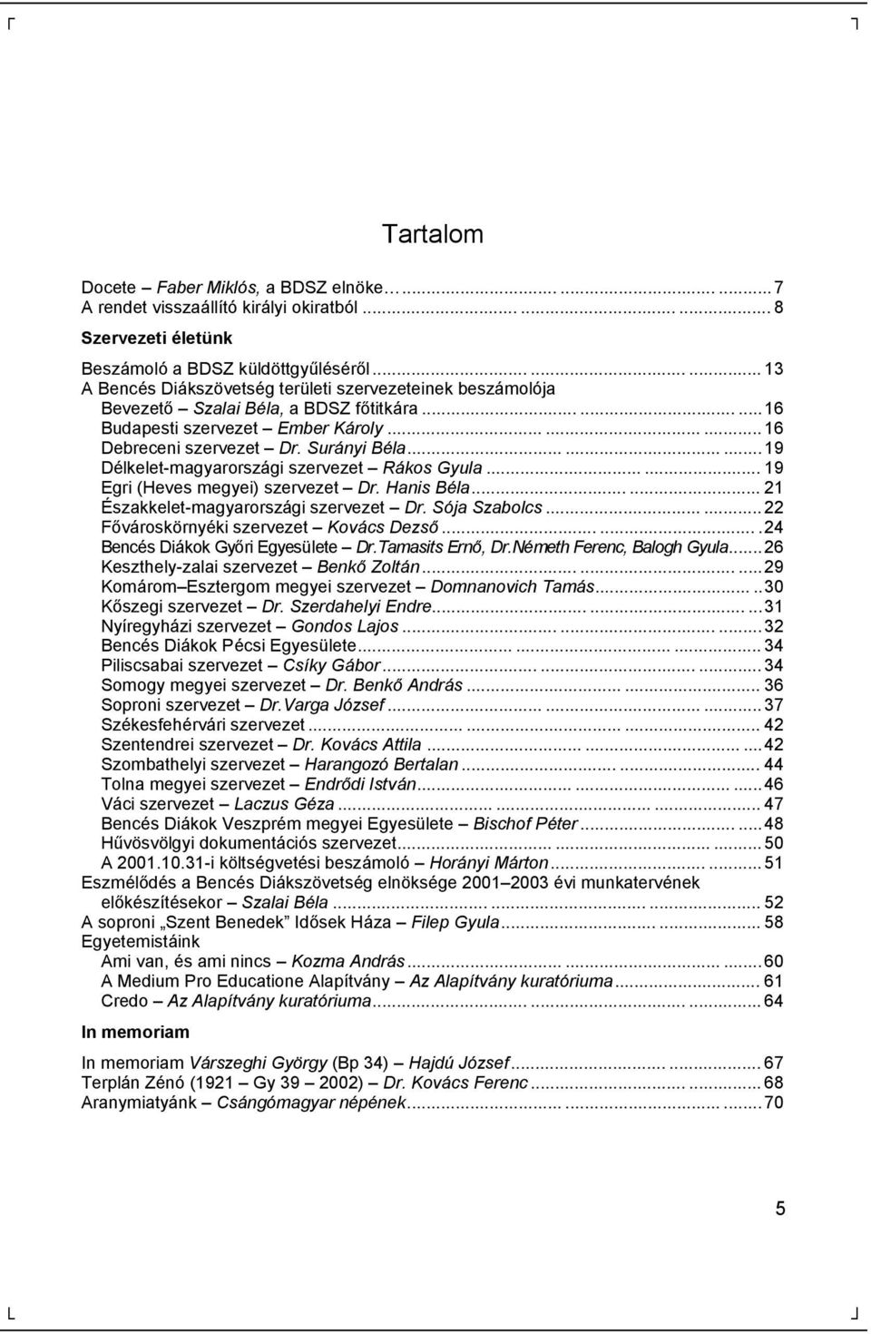 Surányi Béla.........19 Délkelet-magyarorszá gi szervezet Rákos Gyula...... 19 Egri (Heves megyei) szervezet Dr. Hanis Béla...... 21 Északkelet-magyarorszá gi szervezet Dr. Só ja Szabolcs.