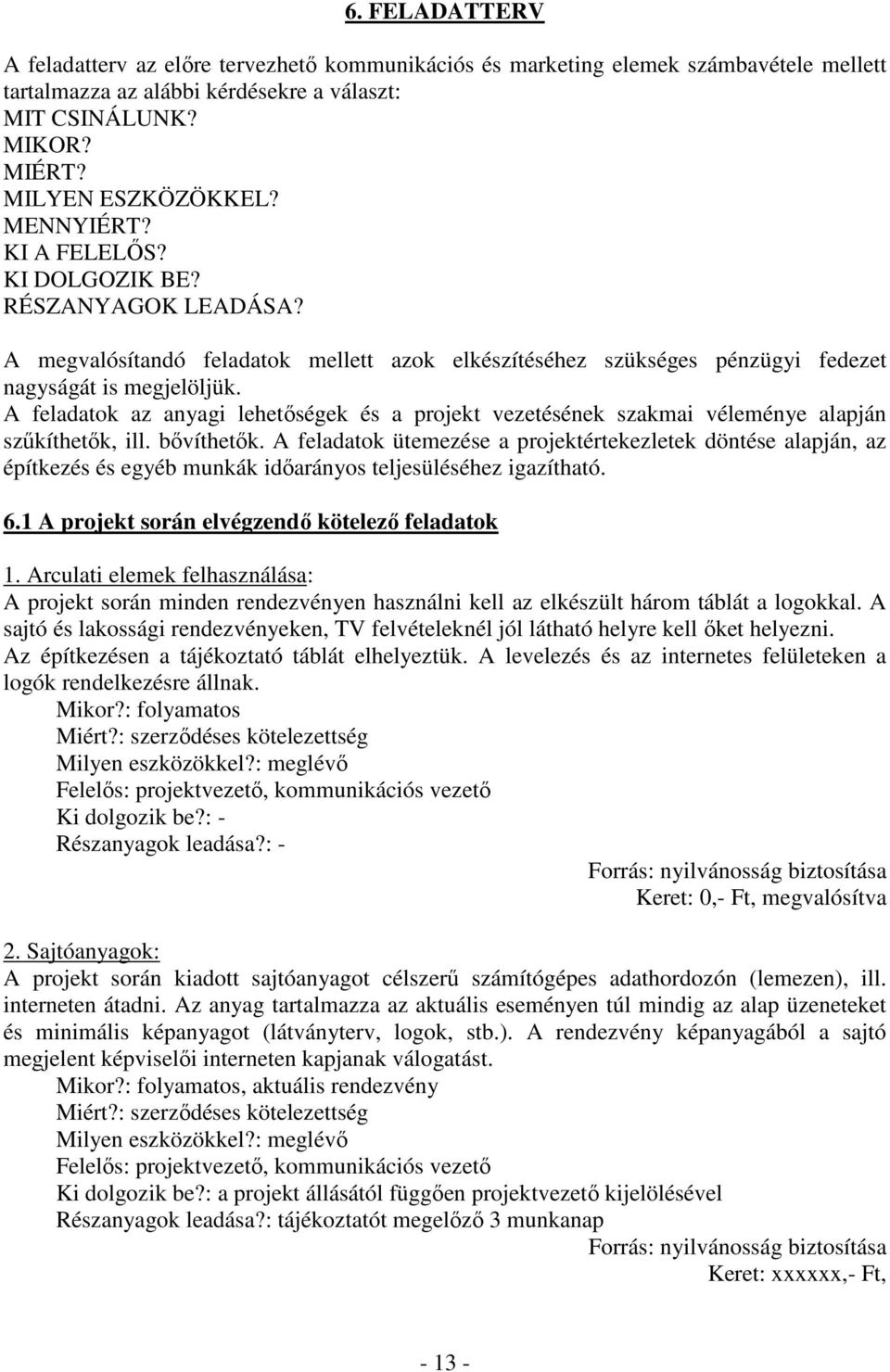 A feladatok az anyagi lehetőségek és a projekt vezetésének szakmai véleménye alapján szűkíthetők, ill. bővíthetők.