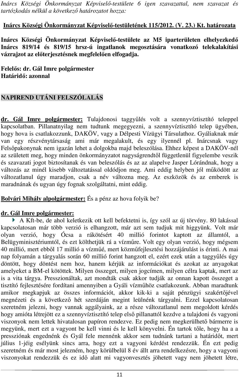 előterjesztésnek megfelelően elfogadja. Felelős: dr. Gál Imre polgármester Határidő: azonnal NAPIREND UTÁNI FELSZÓLALÁS dr.