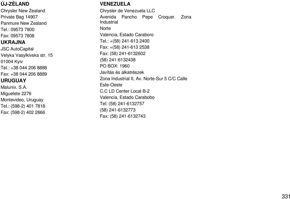 : (598-2) 401 7818 Fax: (598-2) 402 2666 VENEZUELA Chrysler de Venezuela LLC Avenida Pancho Pepe Croquer. Zona Industrial Norte Valencia, Estado Caraboro Tel.