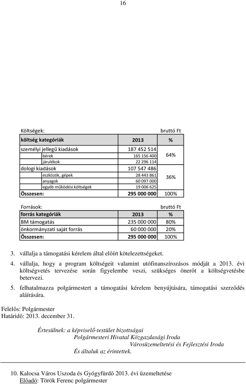 Összesen: 295 000 000 100% 3. vállalja a támogatási kérelem által előírt kötelezettségeket. 4. vállalja, hogy a program költségeit valamint utófinanszírozásos módját a 2013.