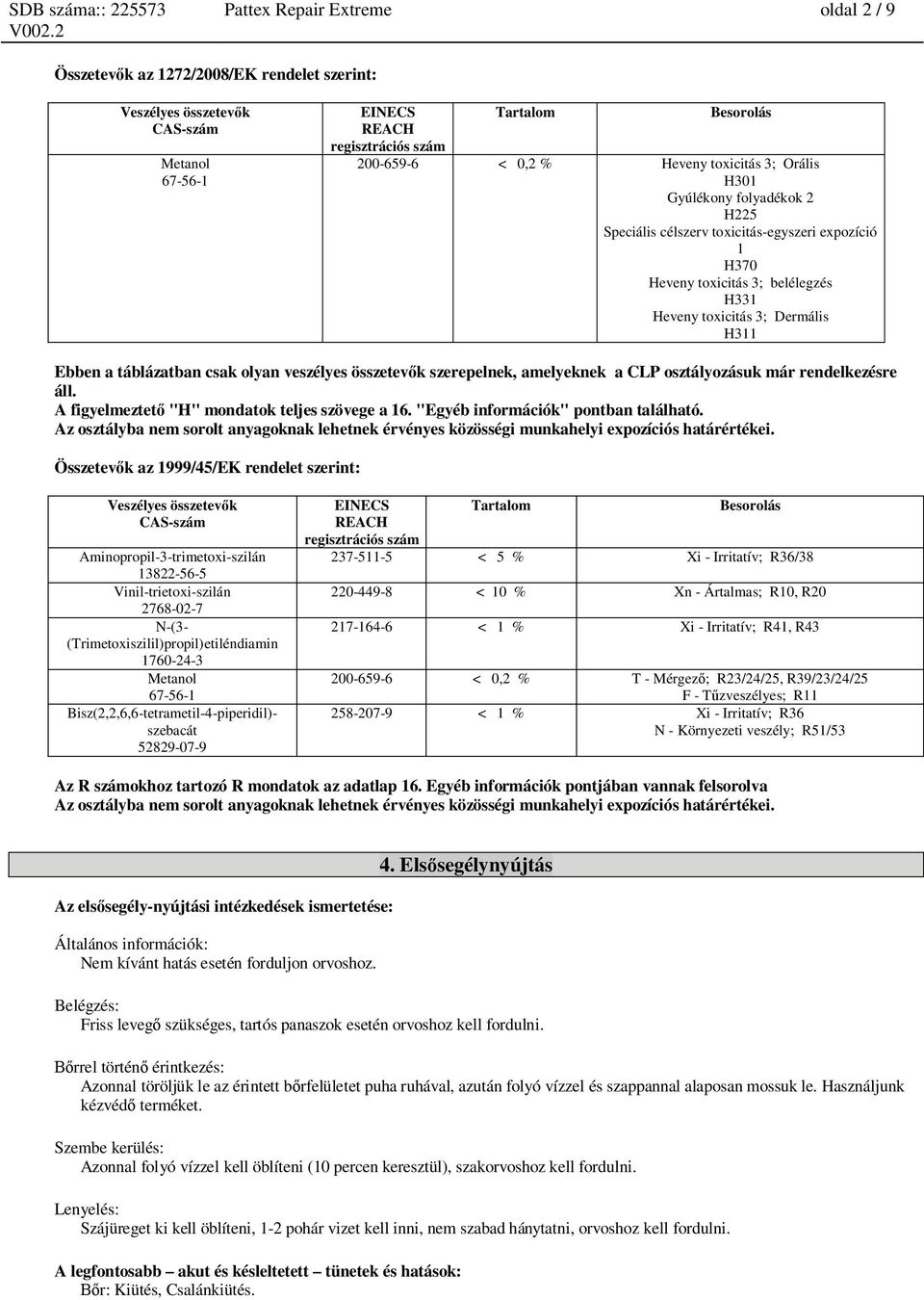 szerepelnek, amelyeknek a CLP osztályozásuk már rendelkezésre áll. A figyelmeztet "H" mondatok teljes szövege a 16. "Egyéb információk" pontban található.