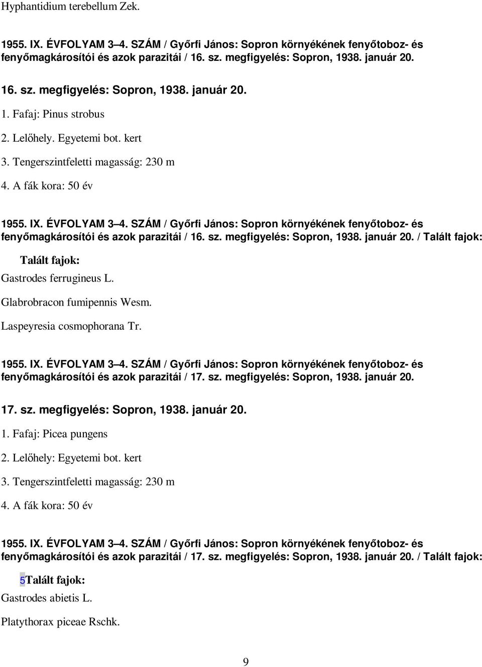 SZÁM / Gyırfi János: Sopron környékének fenyıtoboz- és fenyımagkárosítói és azok parazitái / 16. sz. megfigyelés: Sopron, 1938. január 20. / Talált fajok: Talált fajok: Gastrodes ferrugineus L.