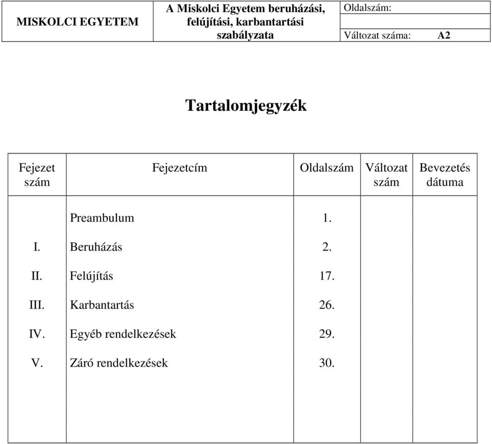 Preambulum 1. I. Beruházás 2. II. Felújítás 17. III.