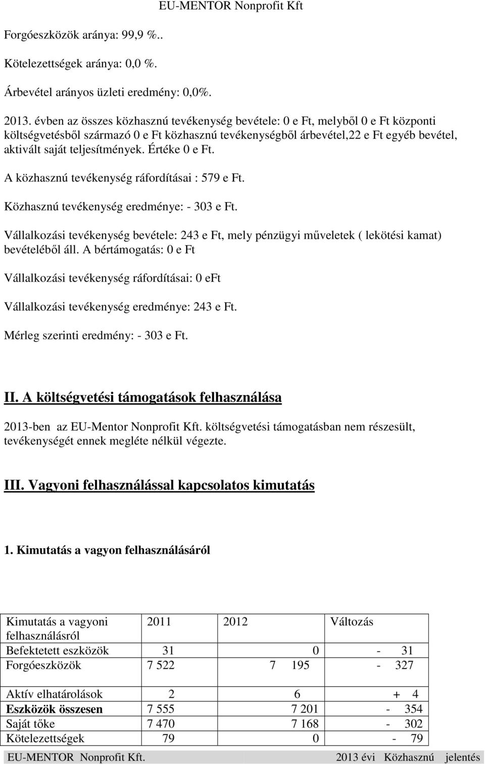 Értéke 0 e Ft. A közhasznú tevékenység ráfordításai : 579 e Ft. Közhasznú tevékenység eredménye: - 303 e Ft.