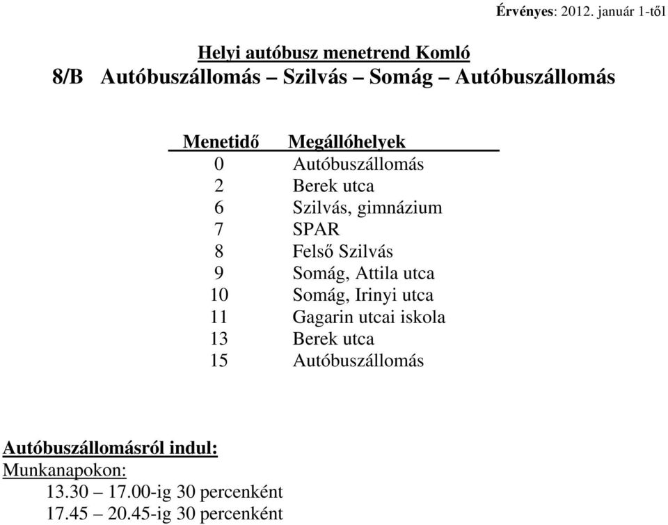 Megállóhelyek 0 Autóbuszállomás 2 Berek utca 6 Szilvás, gimnázium 7 SPAR 8 Fels