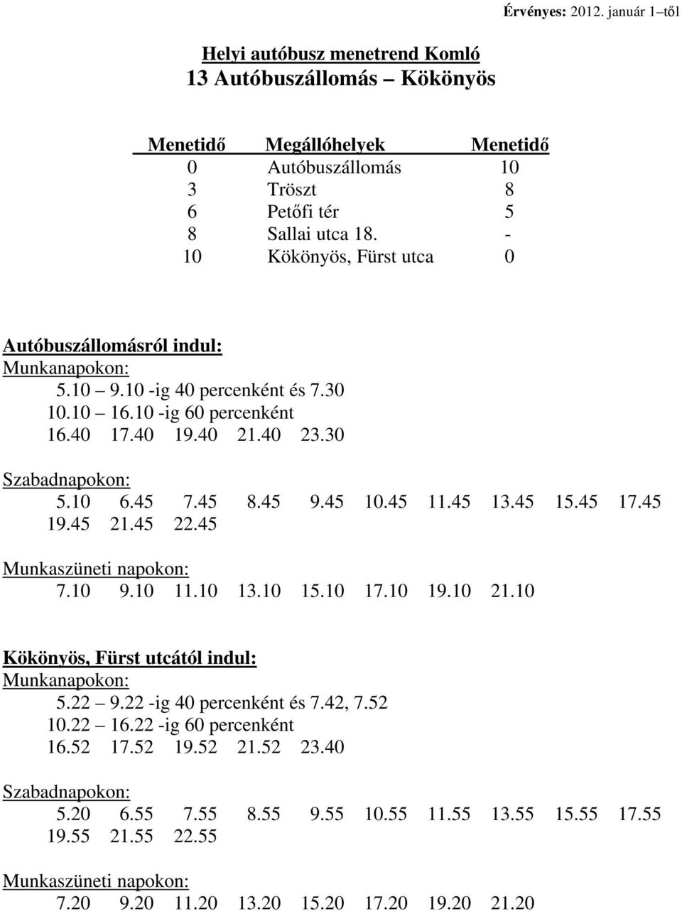 45 Munkaszüneti napokon: 7.10 9.10 11.10 13.10 15.10 17.10 19.10 21.10 Kökönyös, Fürst utcától indul: 5.22 9.22 -ig 40 percenként és 7.42, 7.52 10.22 16.