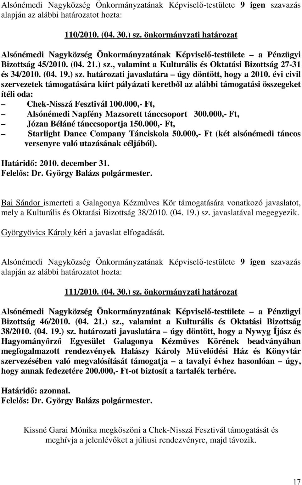 ) sz. határozati javaslatára úgy döntött, hogy a 2010. évi civil szervezetek támogatására kiírt pályázati keretbıl az alábbi támogatási összegeket ítéli oda: Chek-Nisszá Fesztivál 100.