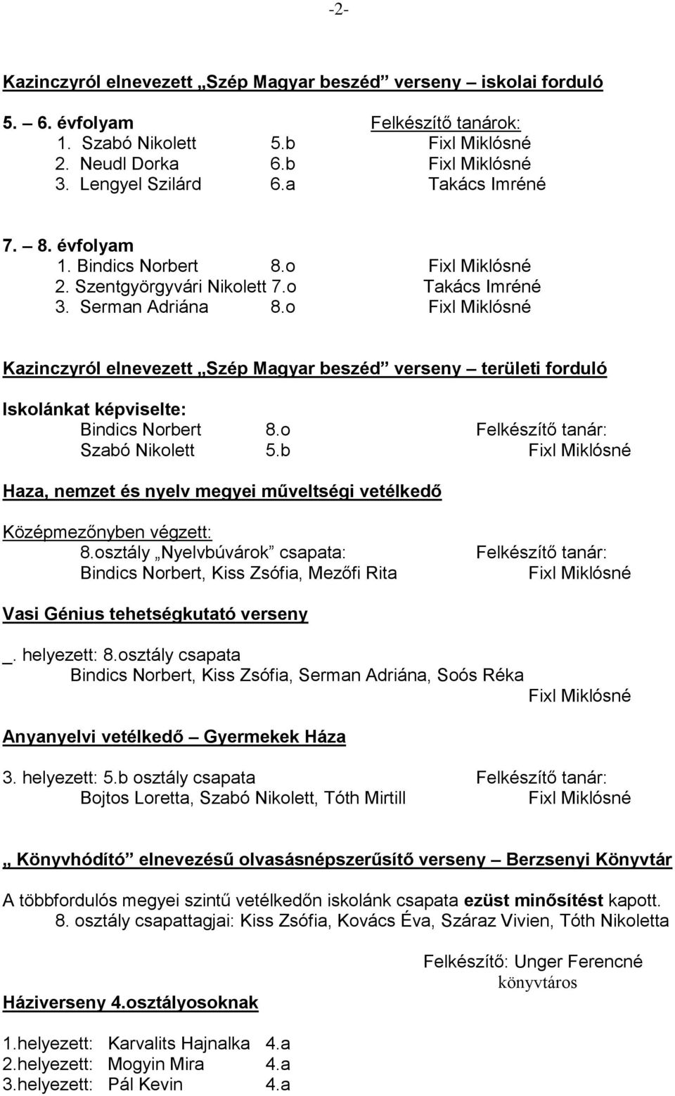 o Fixl Miklósné Kazinczyról elnevezett Szép Magyar beszéd verseny területi forduló Iskolánkat képviselte: Bindics Norbert 8.o Felkészítő tanár: Szabó Nikolett 5.