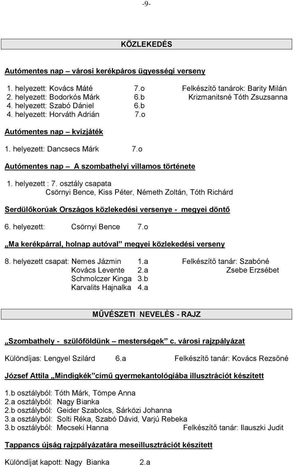 osztály csapata Csörnyi Bence, Kiss Péter, Németh Zoltán, Tóth Richárd Serdülőkorúak Országos közlekedési versenye - megyei döntő 6. helyezett: Csörnyi Bence 7.