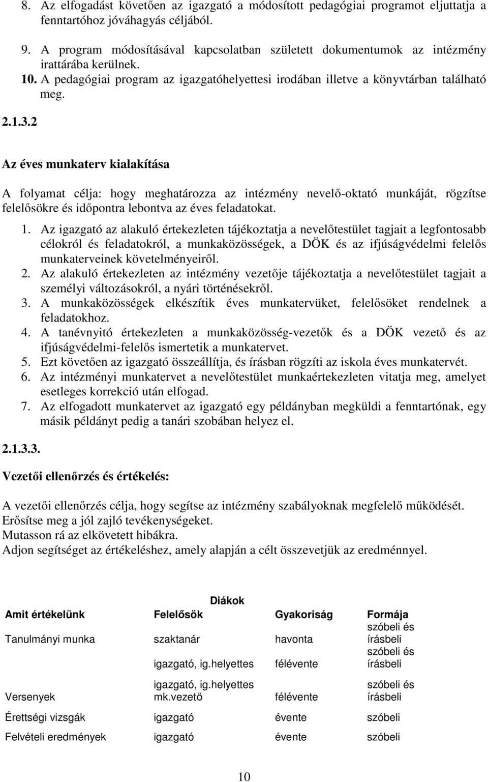 2 Az éves munkaterv kialakítása A folyamat célja: hogy meghatározza az intézmény nevelő-oktató munkáját, rögzítse felelősökre és időpontra lebontva az éves feladatokat. 1.