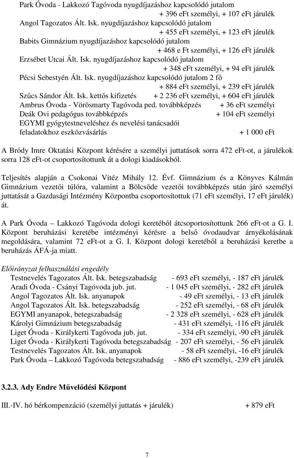 nyugdíjazáshoz kapcsolódó jutalom + 348 eft személyi, + 94 eft járulék Pécsi Sebestyén Ált. Isk. nyugdíjazáshoz kapcsolódó jutalom 2 fı + 884 eft személyi, + 239 eft járulék Szőcs Sándor Ált. Isk. kettıs kifizetés + 2 236 eft személyi, + 604 eft járulék Ambrus Óvoda - Vörösmarty Tagóvoda ped.