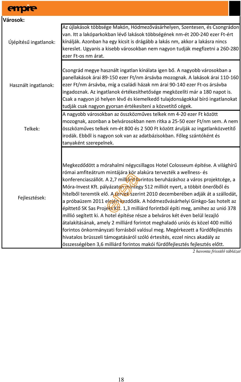 Használt ingatlanok: Telkek: Csongrád megye használt ingatlan kínálata igen bő. A nagyobb városokban a panellakások árai 89-150 ezer Ft/nm ársávba mozognak.