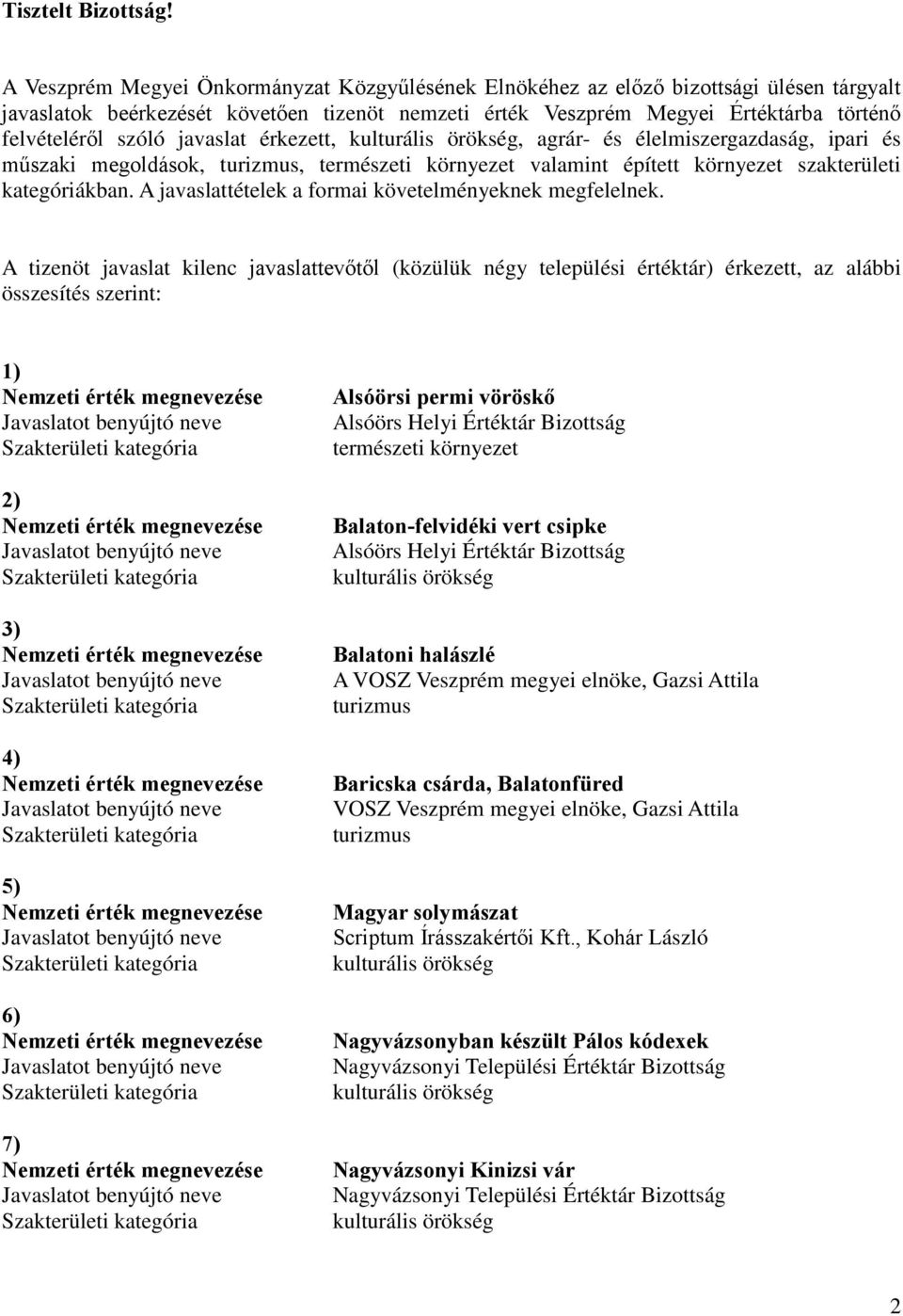 javaslat érkezett, kulturális örökség, agrár- és élelmiszergazdaság, ipari és műszaki megoldások, turizmus, természeti környezet valamint épített környezet szakterületi kategóriákban.