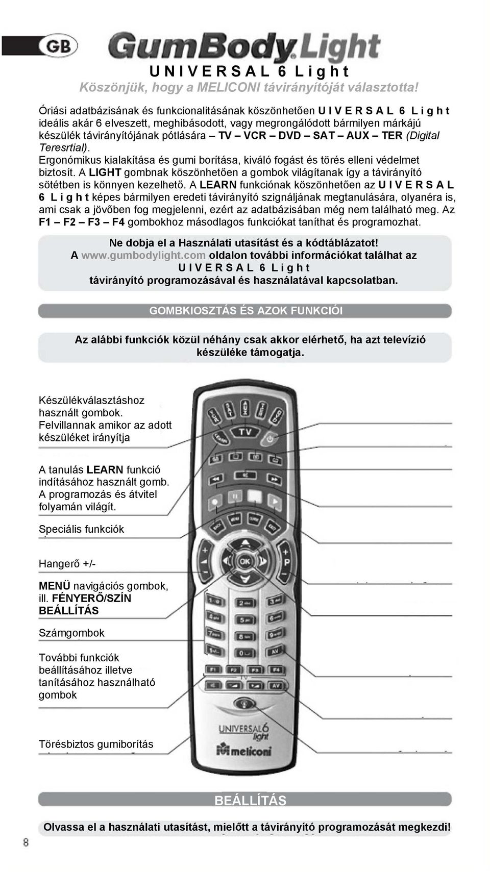 TV VCR DVD SAT AUX TER (Digital Teresrtial). Ergonómikus kialakítása és gumi borítása, kiváló fogást és törés elleni védelmet biztosít.