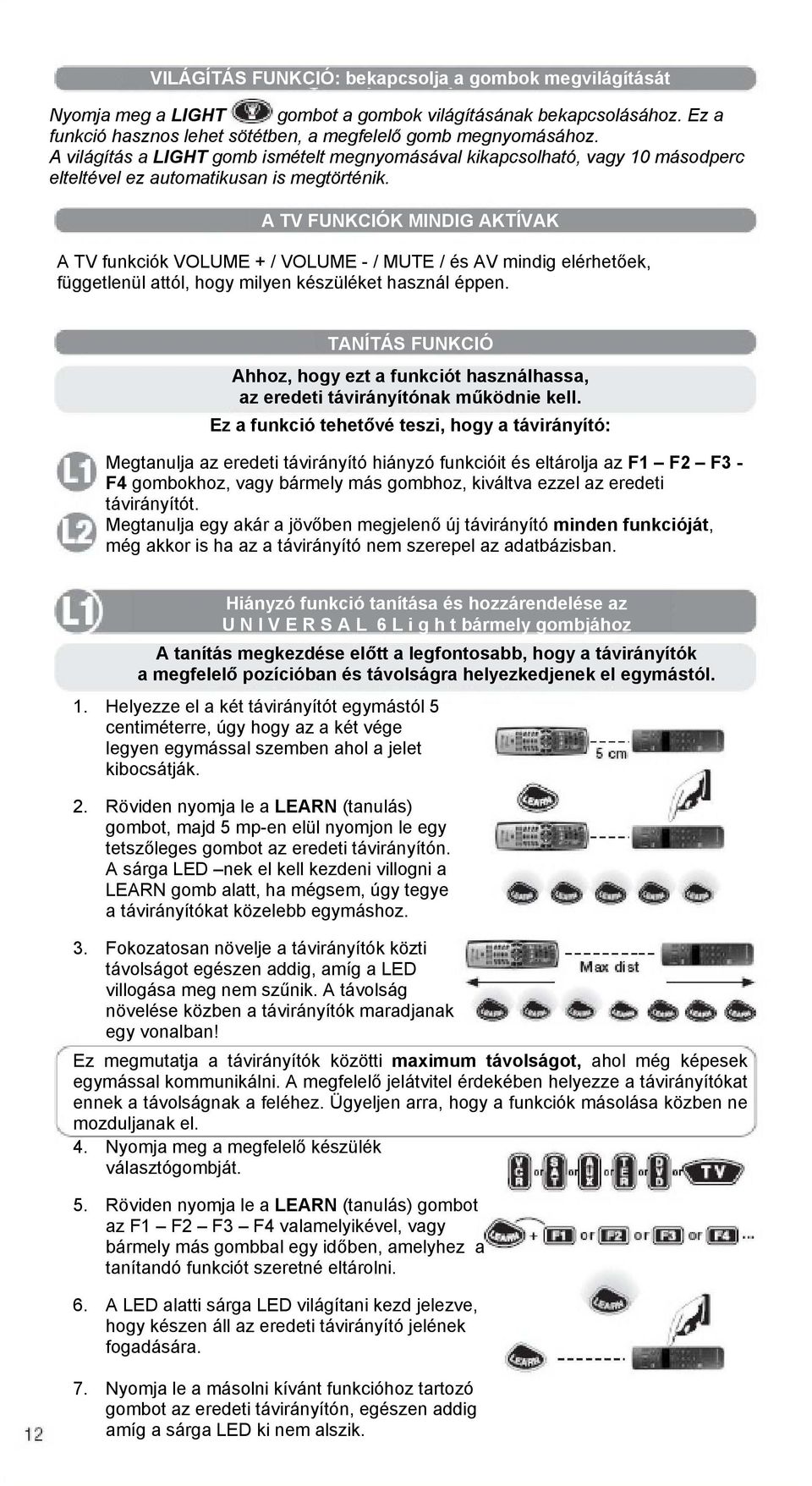 A TV FUNKCIÓK MINDIG AKTÍVAK A TV funkciók VOLUME + / VOLUME - / MUTE / és AV mindig elérhetőek, függetlenül attól, hogy milyen készüléket használ éppen.