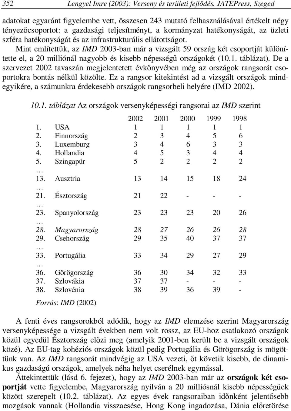 hatékonyságát és az infrastrukturális ellátottságot. Mint említettük, az IMD 2003-ban már a vizsgált 59 ország két csoportját különítette el, a 20 milliónál nagyobb és kisebb népességű országokét (10.