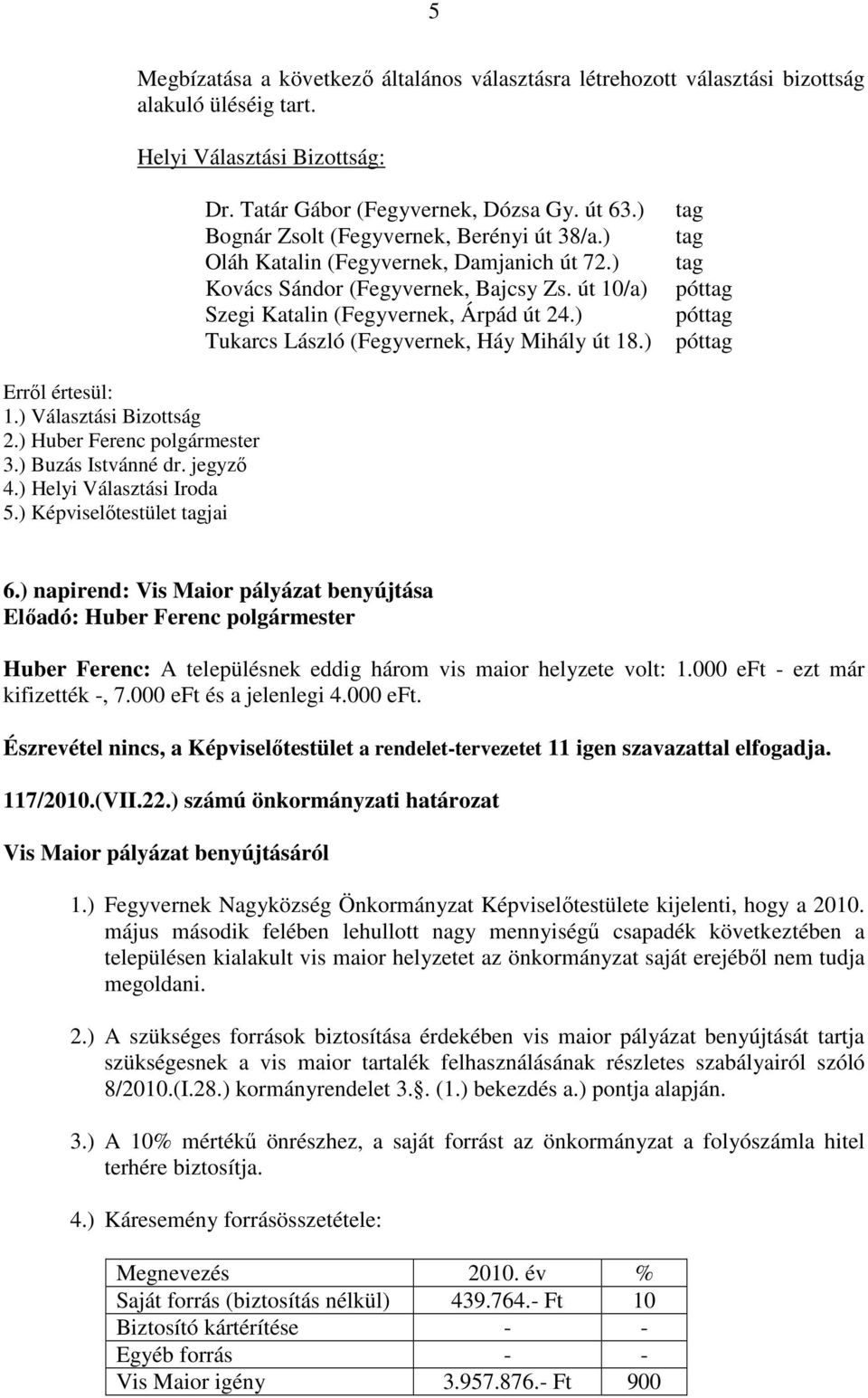 ) Tukarcs László (Fegyvernek, Háy Mihály út 18.) tag tag tag póttag póttag póttag 1.) Választási Bizottság 2.) Huber Ferenc polgármester 3.) Buzás Istvánné dr. jegyző 4.) Helyi Választási Iroda 5.