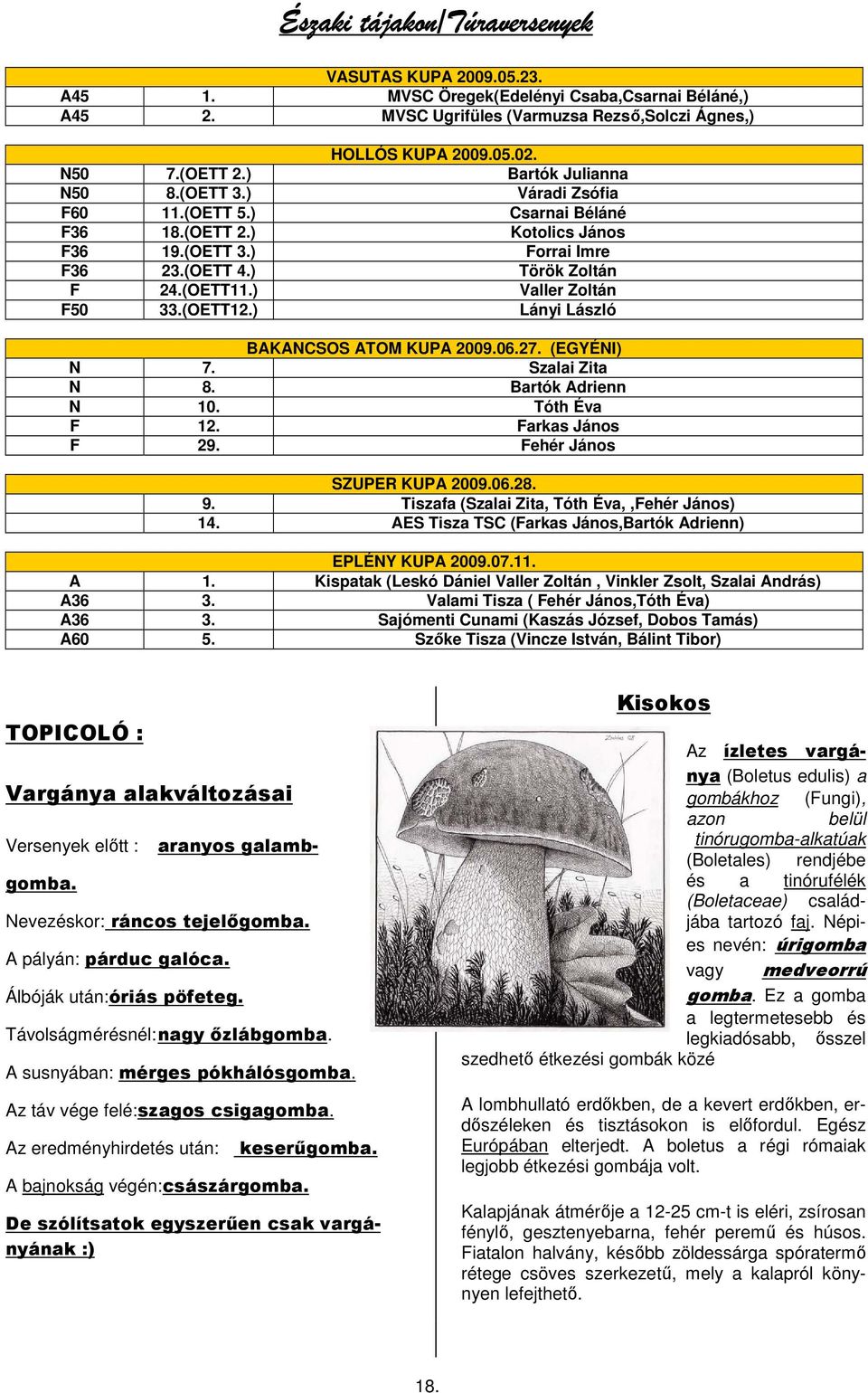 ) Valler Zoltán F50 33.(OETT12.) Lányi László BAKANCSOS ATOM KUPA 2009.06.27. (EGYÉNI) N 7. Szalai Zita N 8. Bartók Adrienn N 10. Tóth Éva F 12. Farkas János F 29. Fehér János SZUPER KUPA 2009.06.28.