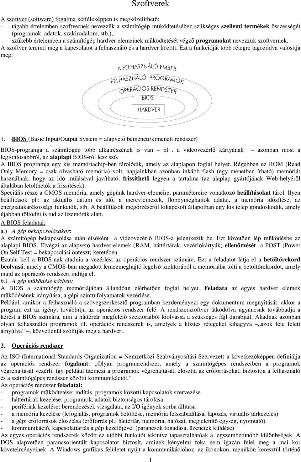 A szoftver teremti meg a kapcsolatot a felhasználó és a hardver között. Ezt a funkcióját több rétegre tagozódva valósítja meg: A FELHASZNÁLÓ EMBER FELHASZNÁLÓI PROGRAMOK BIOS HARDVER 1.