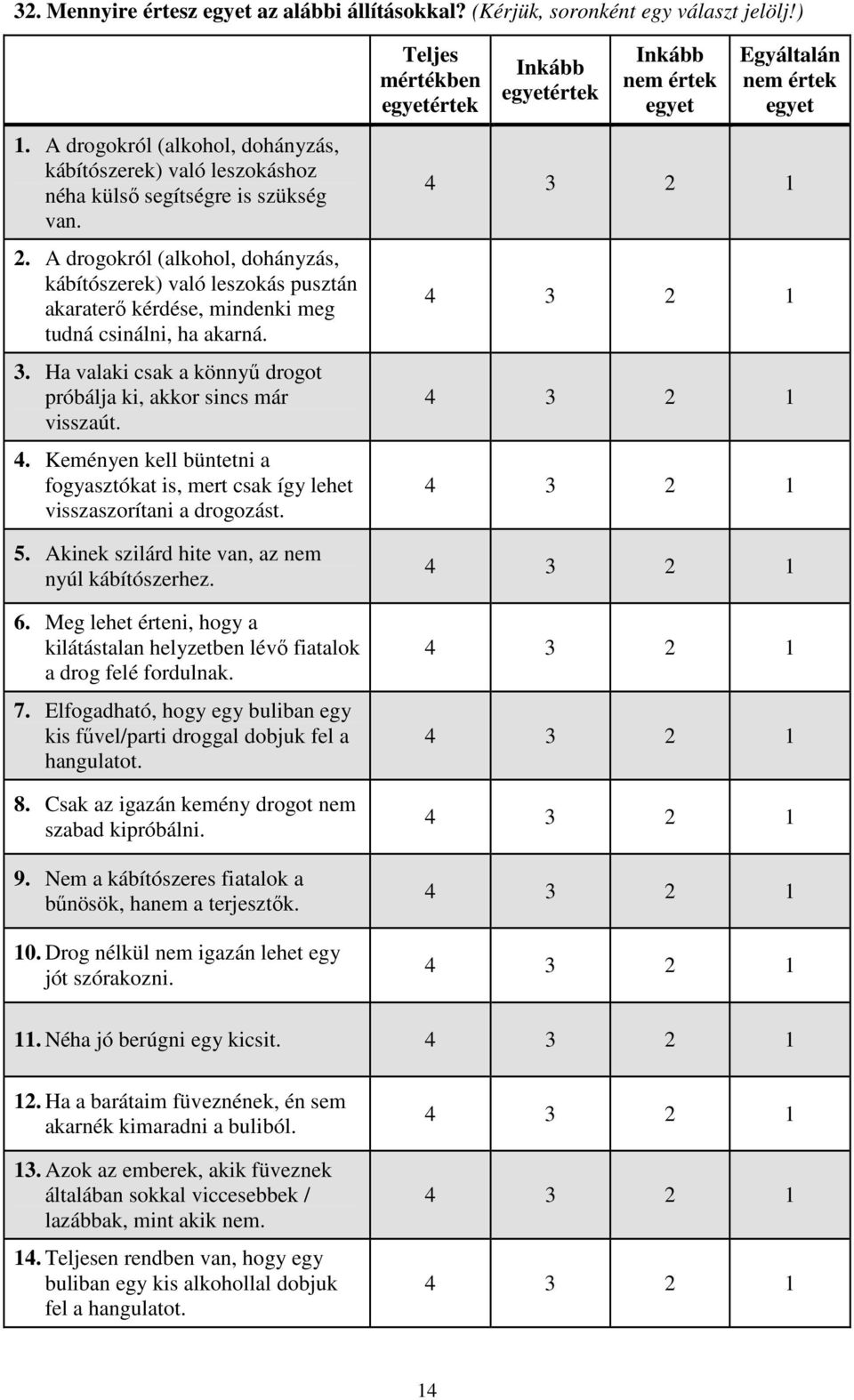 4. Keményen kell büntetni a fogyasztókat is, mert csak így lehet visszaszorítani a drogozást. 5. Akinek szilárd hite van, az nem nyúl kábítószerhez. 6.