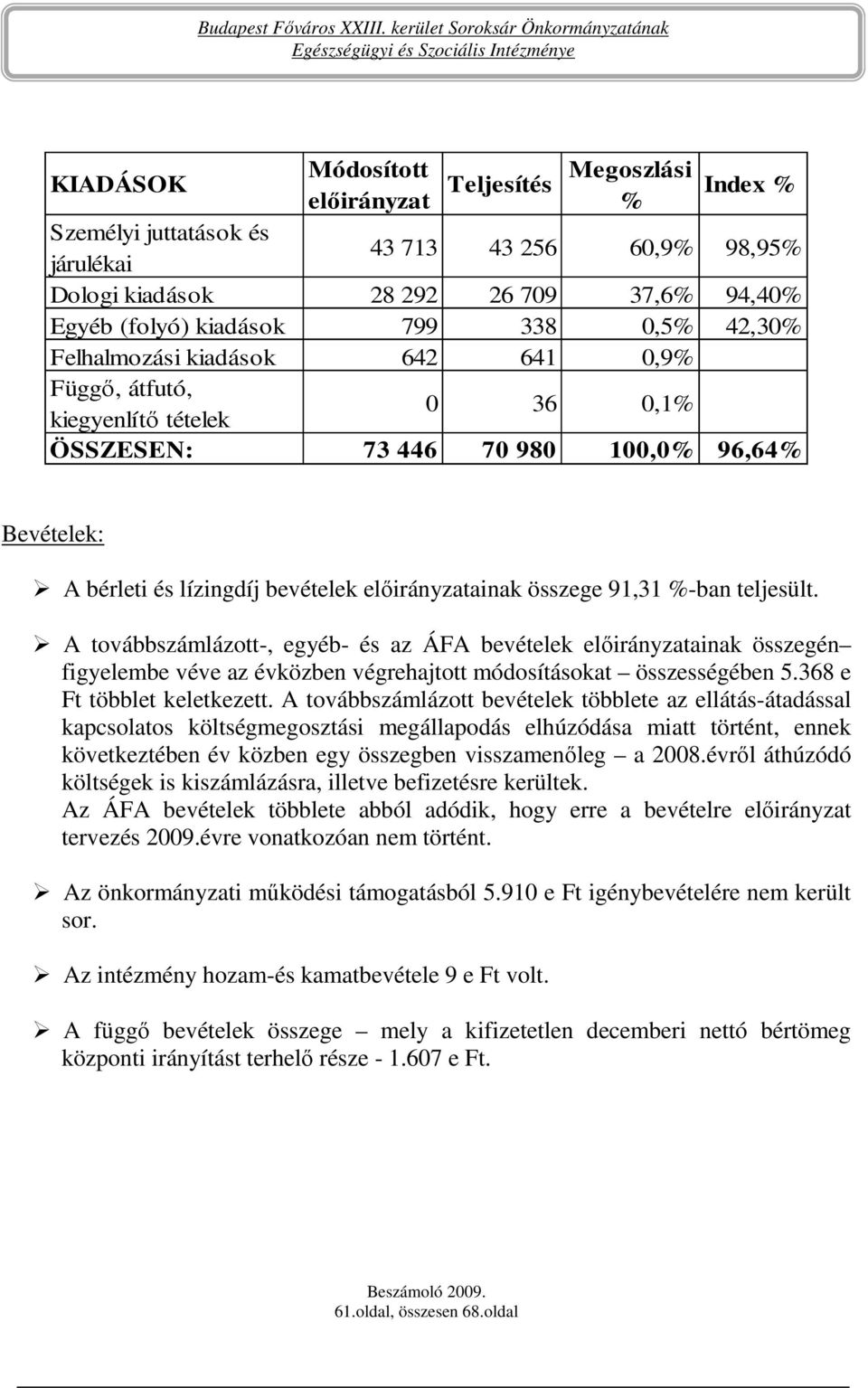 91,31 %-ban teljesült. A továbbszámlázott-, egyéb- és az ÁFA bevételek elıirányzatainak összegén figyelembe véve az évközben végrehajtott módosításokat összességében 5.368 e Ft többlet keletkezett.