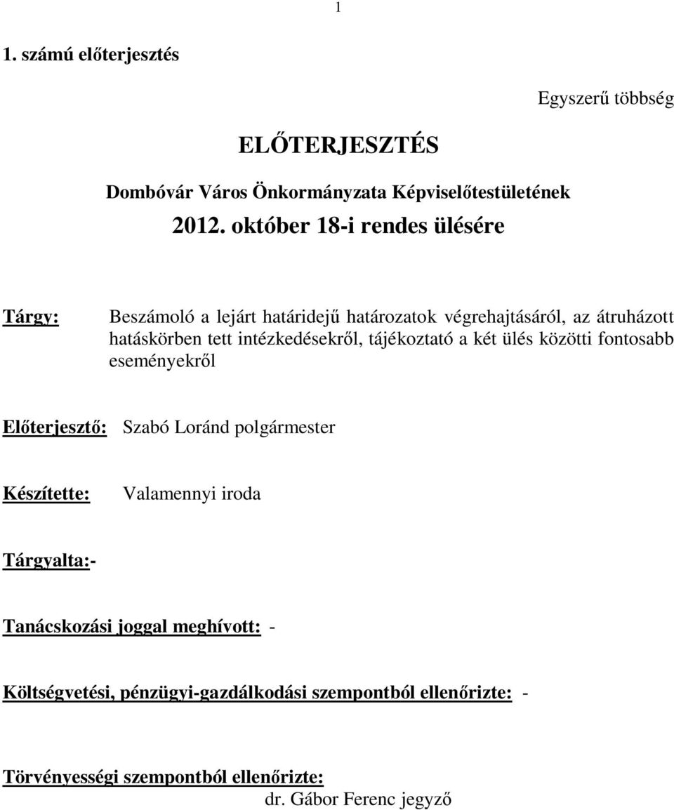 intézkedésekről, tájékoztató a két ülés közötti fontosabb eseményekről Előterjesztő: Szabó Loránd polgármester Készítette: Valamennyi