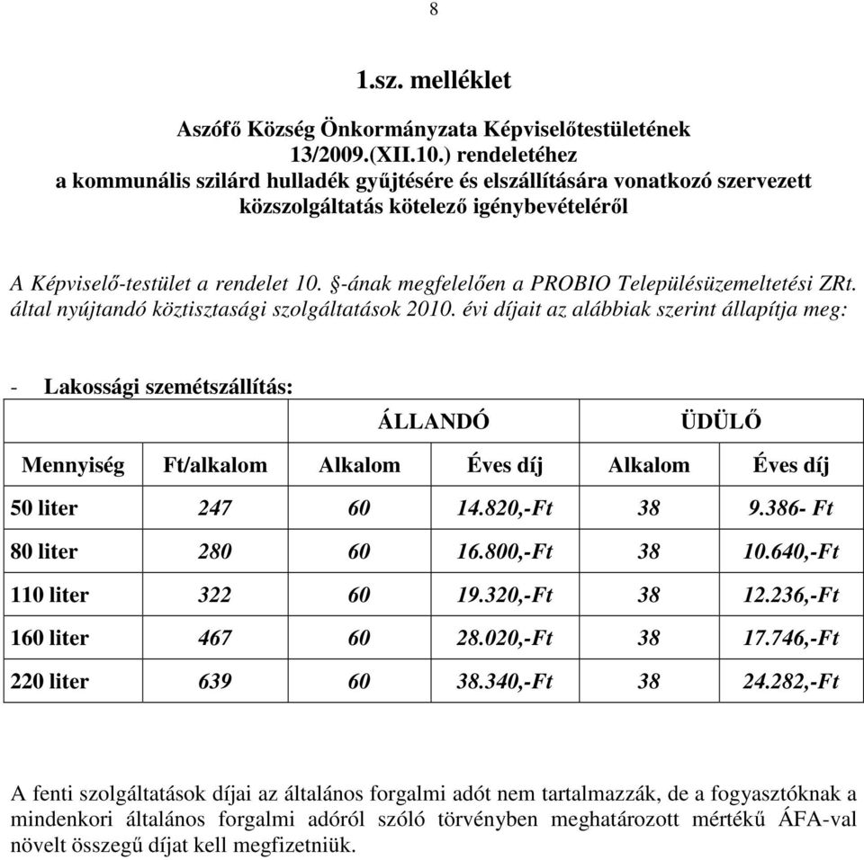 -ának megfelelően a PROBIO Településüzemeltetési ZRt. által nyújtandó köztisztasági szolgáltatások 2010.