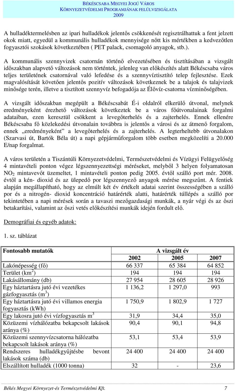 A kommunális szennyvizek csatornán történı elvezetésében és tisztításában a vizsgált idıszakban alapvetı változások nem történtek, jelenleg van elıkészítés alatt Békéscsaba város teljes területének