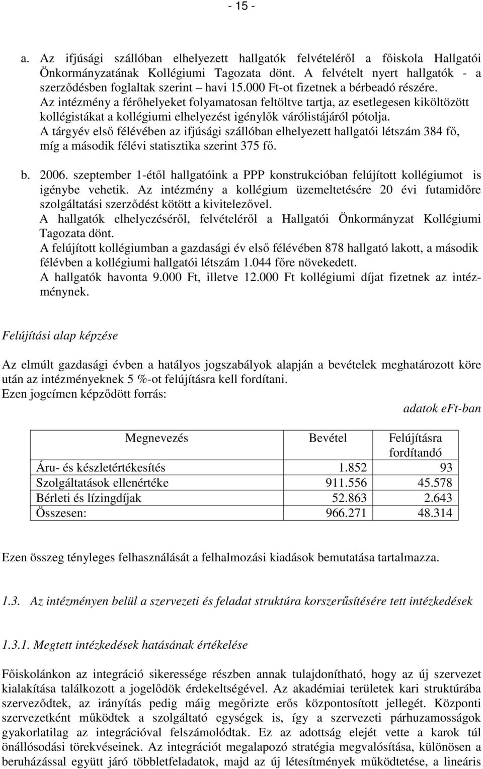 Az intézmény a férőhelyeket folyamatosan feltöltve tartja, az esetlegesen kiköltözött kollégistákat a kollégiumi elhelyezést igénylők várólistájáról pótolja.