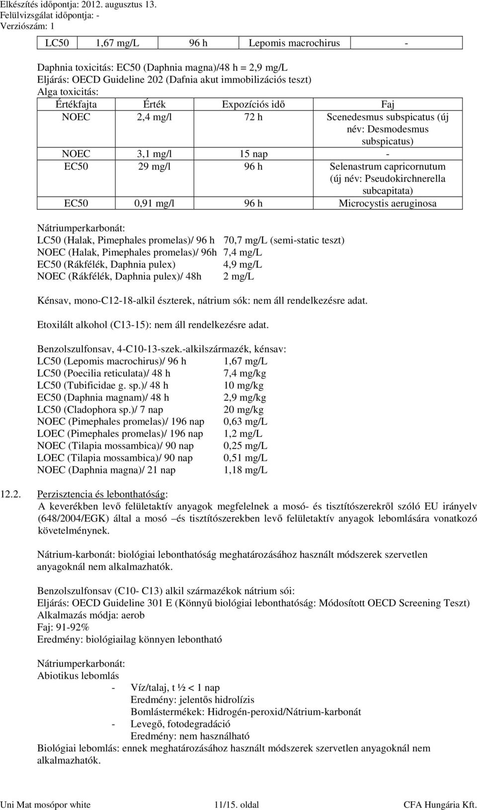 subcapitata) EC50 0,91 mg/l 96 h Microcystis aeruginosa Nátriumperkarbonát: LC50 (Halak, Pimephales promelas)/ 96 h 70,7 mg/l (semi-static teszt) NOEC (Halak, Pimephales promelas)/ 96h 7,4 mg/l EC50