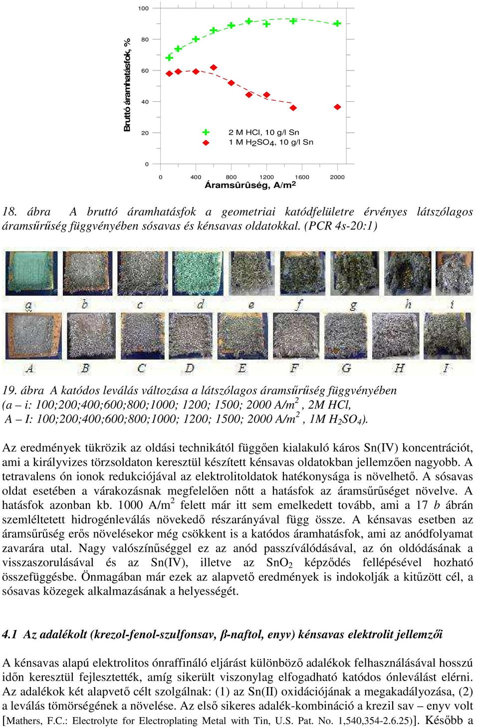 ábra A katódos leválás változása a látszólagos áramsőrőség függvényében (a i: 1;2;4;6;8;1; 12; 15; 2 A/m 2, 2M HCl, A I: 1;2;4;6;8;1; 12; 15; 2 A/m 2, 1M H 2 SO 4 ).