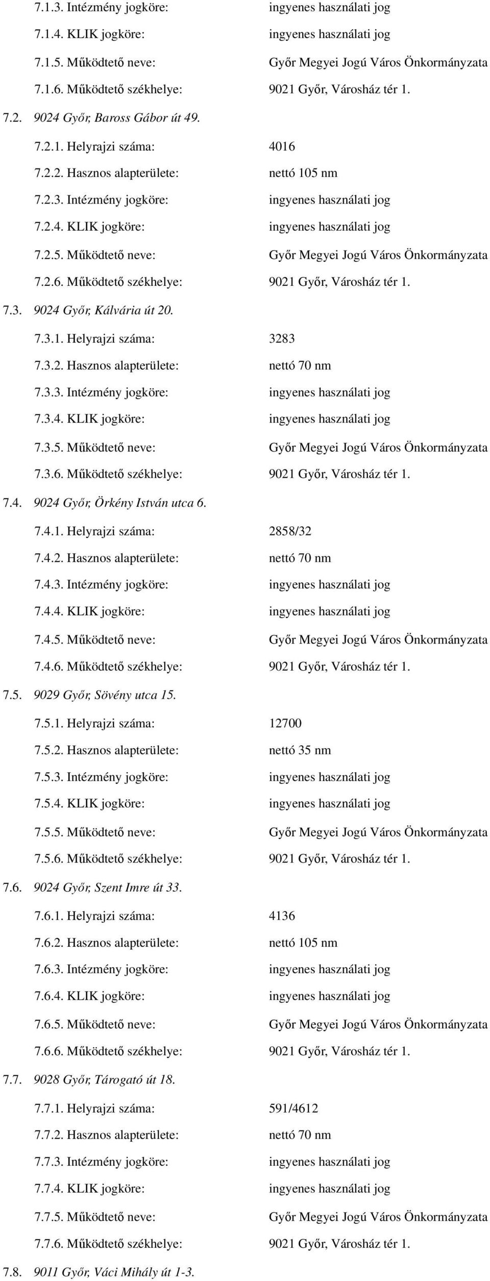 Intézmény jogköre: ingyenes használati jog 7.2.4. KLIK jogköre: ingyenes használati jog 7.2.5. Működtető neve: Győr Megyei Jogú Város Önkormányzata 7.2.6.