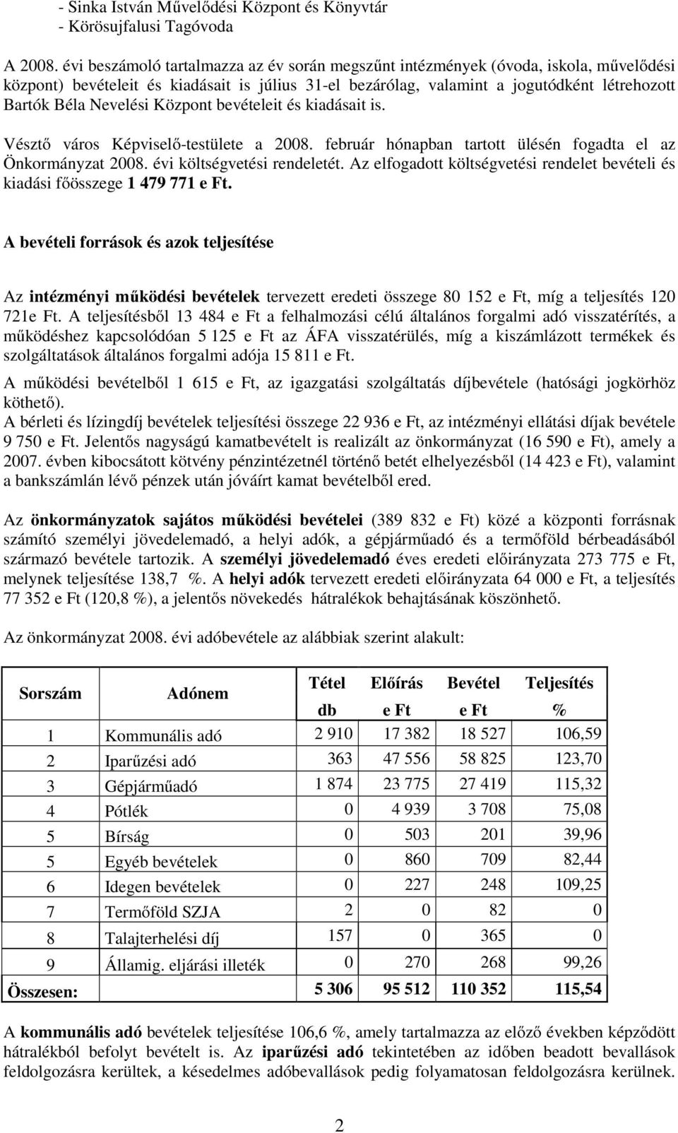 Nevelési Központ bevételeit és kiadásait is. Vésztő város Képviselő-testülete a 2008. február hónapban tartott ülésén fogadta el az Önkormányzat 2008. évi költségvetési rendeletét.