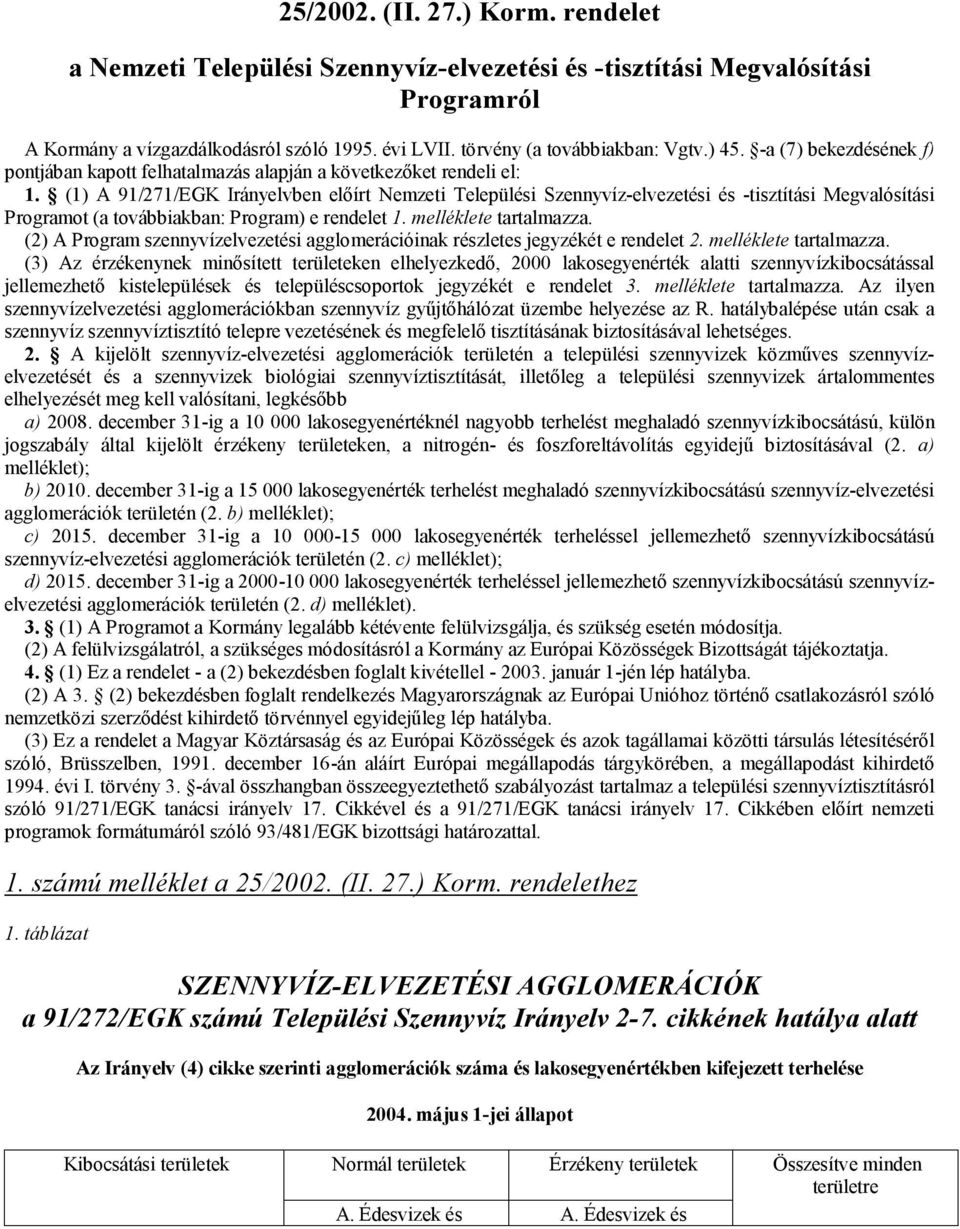 (1) A 91/271/EGK Irányelvben előírt Nemzeti Települési Szennyvíz-elvezetési és -tisztítási Megvalósítási Programot (a továbbiakban: Program) e rendelet 1. melléklete tartalmazza.