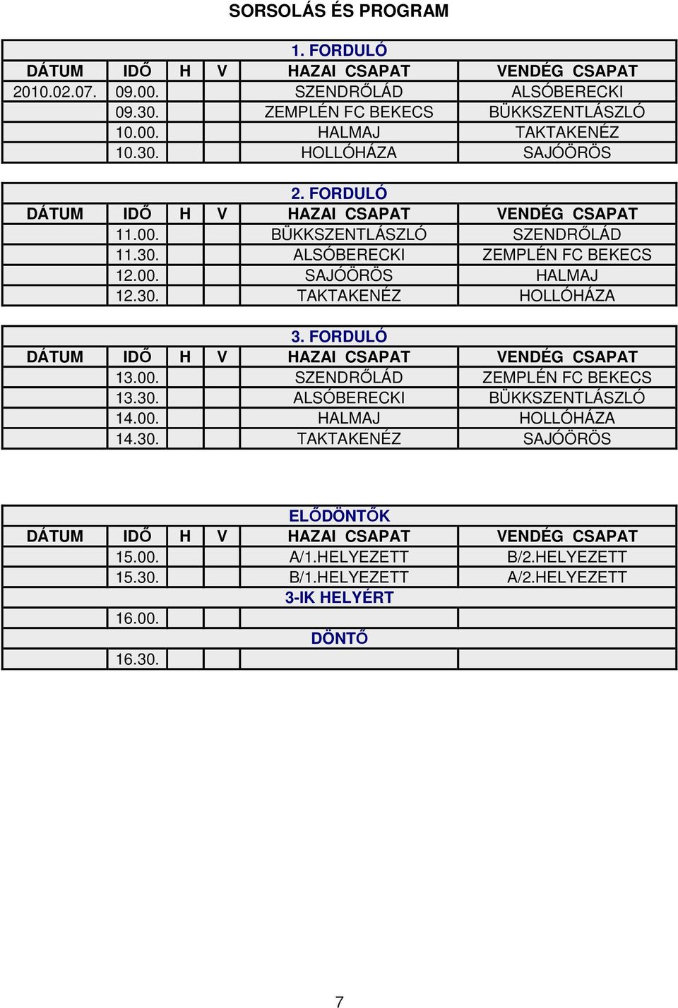 FORDULÓ 13.00. SZENDRİLÁD ZEMPLÉN FC BEKECS 13.30. ALSÓBERECKI BÜKKSZENTLÁSZLÓ 14.00. HALMAJ HOLLÓHÁZA 14.30. TAKTAKENÉZ SAJÓÖRÖS ELİDÖNTİK 15.