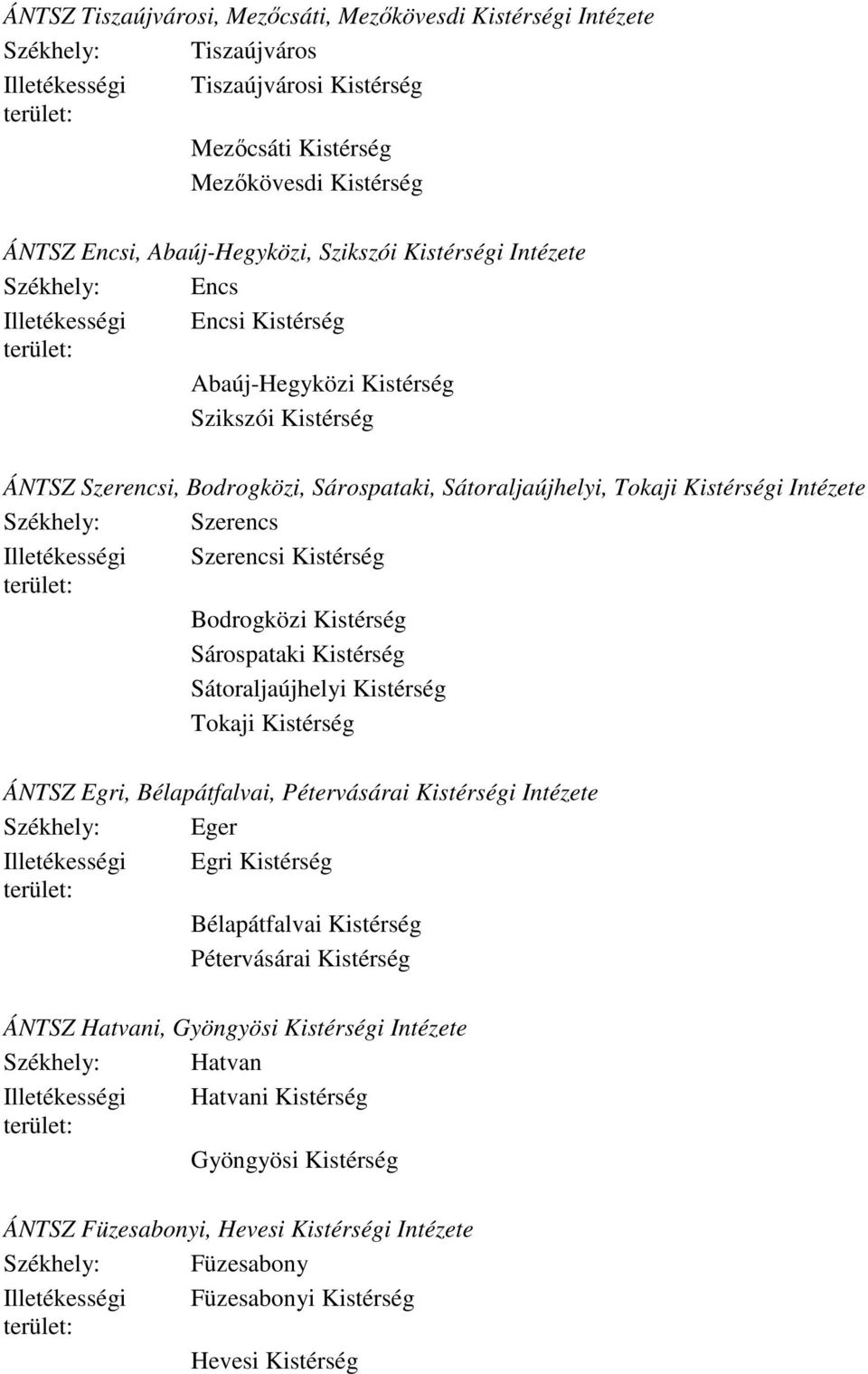 Intézete Székhely: Szerencs Illetékességi Szerencsi Kistérség Bodrogközi Kistérség Sárospataki Kistérség Sátoraljaújhelyi Kistérség Tokaji Kistérség ÁNTSZ Egri, Bélapátfalvai, Pétervásárai Kistérségi