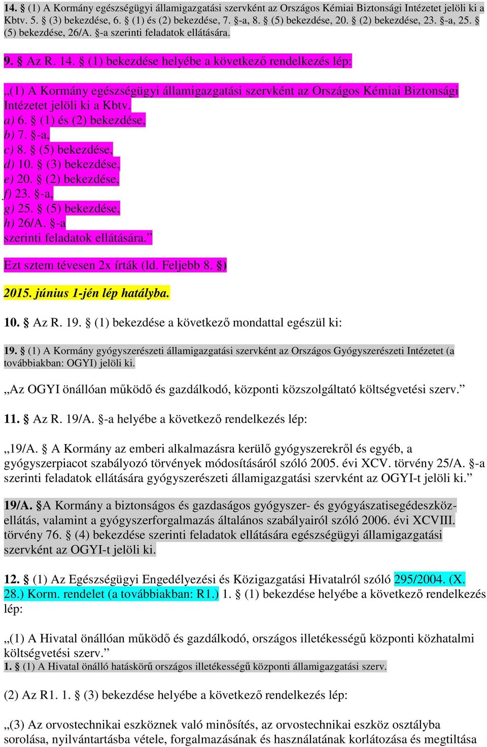 (1) bekezdése helyébe a következı rendelkezés lép: (1) A Kormány egészségügyi államigazgatási szervként az Országos Kémiai Biztonsági Intézetet jelöli ki a Kbtv. a) 6. (1) és (2) bekezdése, b) 7.