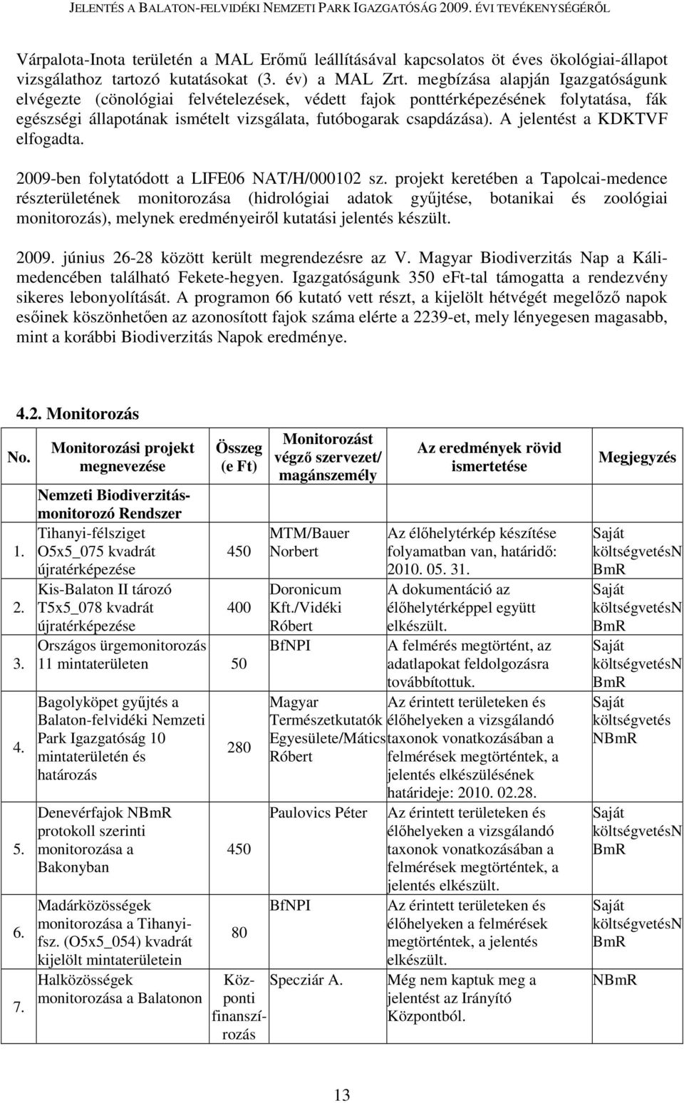 A jelentést a KDKTVF elfogadta. 2009-ben folytatódott a LIFE06 NAT/H/000102 sz.