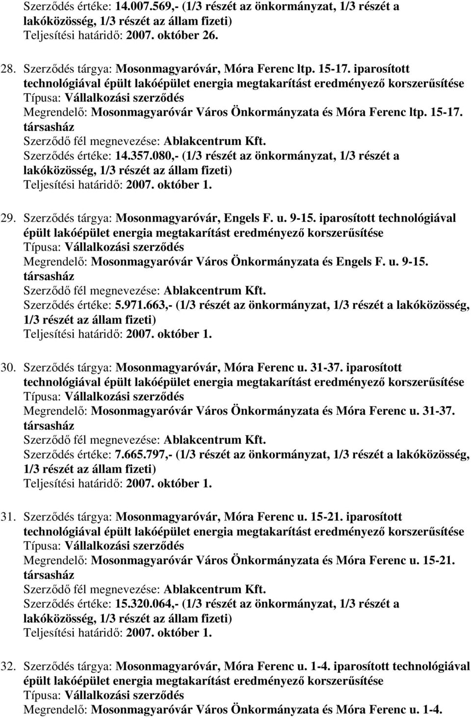 Szerződés tárgya: Mosonmagyaróvár, Engels F. u. 9-15. iparosított technológiával Megrendelő: Mosonmagyaróvár Város Önkormányzata és Engels F. u. 9-15. Szerződés értéke: 5.971.