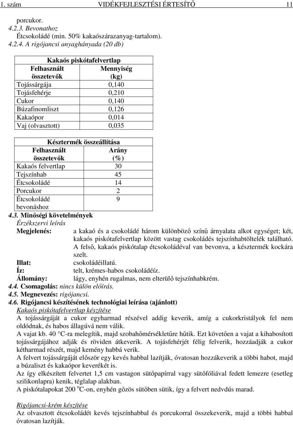 2.4. A rigójancsi anyaghányada (20 db) Kakaós piskótafelvertlap Felhasznált összetevők Mennyiség (kg) Tojássárgája 0,140 Tojásfehérje 0,210 Cukor 0,140 Búzafinomliszt 0,126 Kakaópor 0,014 Vaj