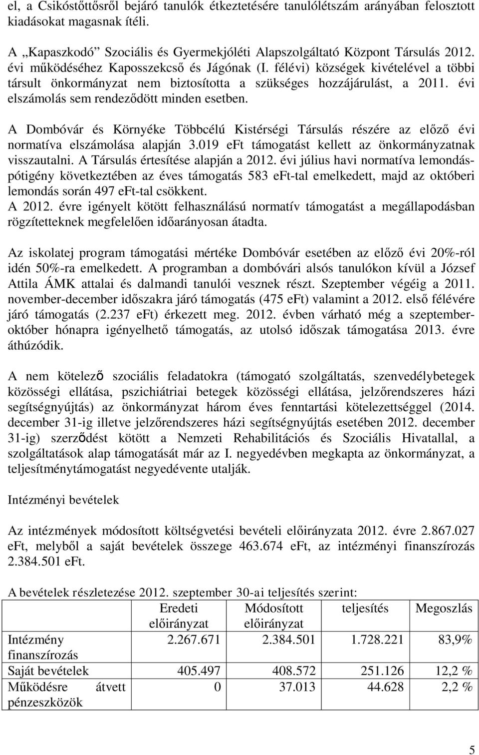 A Dombóvár és Környéke Többcélú Kistérségi Társulás részére az előző évi normatíva elszámolása alapján 3.019 eft támogatást kellett az önkormányzatnak visszautalni.