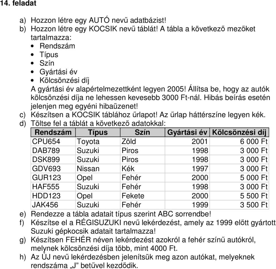 Állítsa be, hogy az autók kölcsönzési díja ne lehessen kevesebb 3000 Ft-nál. Hibás beírás esetén jelenjen meg egyéni hibaüzenet! c) Készítsen a KOCSIK táblához őrlapot!