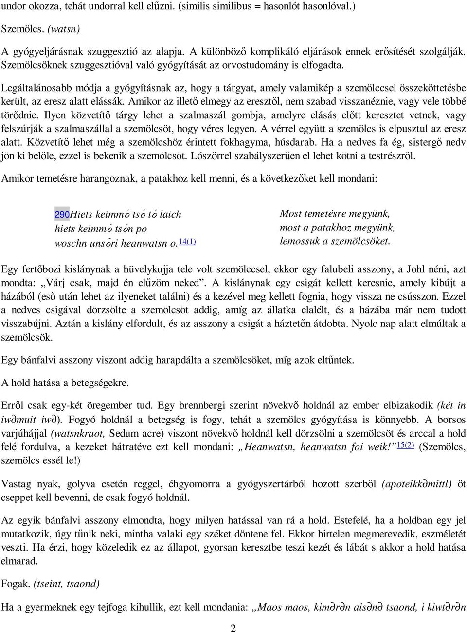 Legáltalánosabb módja a gyógyításnak az, hogy a tárgyat, amely valamikép a szemölccsel összeköttetésbe került, az eresz alatt elássák.