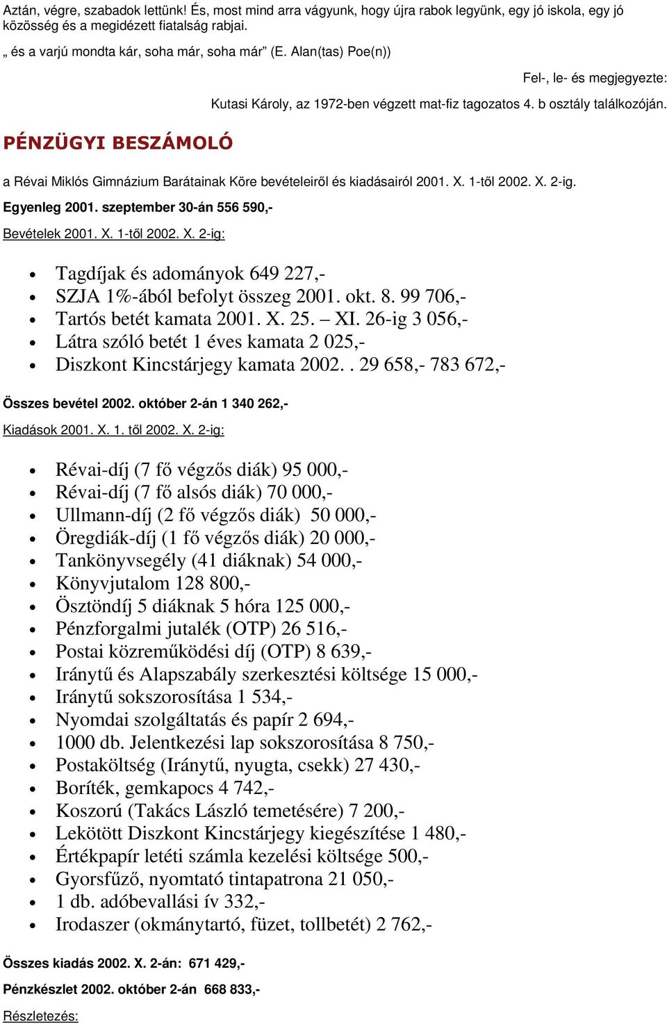 a Révai Miklós Gimnázium Barátainak Köre bevételeiről és kiadásairól 2001. X. 1-től 2002. X. 2-ig. Egyenleg 2001. szeptember 30-án 556 590,- Bevételek 2001. X. 1-től 2002. X. 2-ig: Tagdíjak és adományok 649 227,- SZJA 1%-ából befolyt összeg 2001.