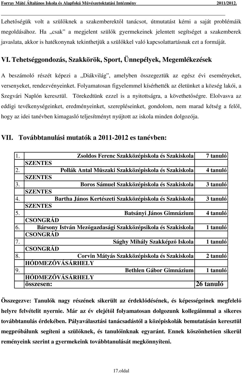 Tehetséggondozás, Szakkörök, Sport, Ünnepélyek, Megemlékezések A beszámoló részét képezi a Diákvilág, amelyben összegeztük az egész évi eseményeket, versenyeket, rendezvényeinket.